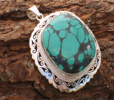 Tibetan Pendant Turquoise and Ornate Sterling Silver